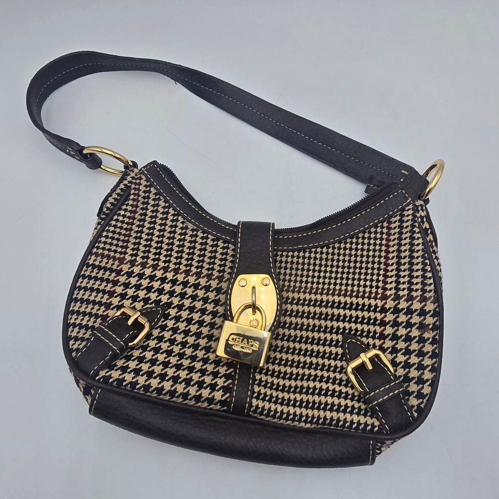 Chaps Brown Cream Houndstooth Shoulder Bag Gold Padlock Hobo Purse Y2K